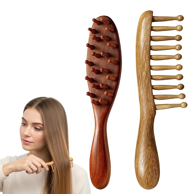 Loc Brush for Dreads, 2 Pack Golden Sandalwood Scalp Massager Comb, Handheld Locs Brush for Gentle Styling and Relaxing Head Massage, Ergonomic Handle for Easy Control