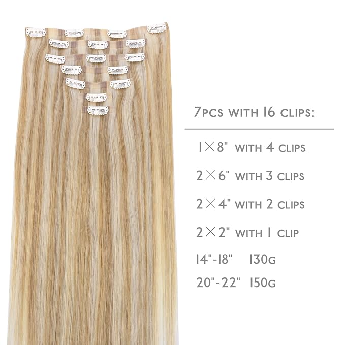 WENNALIFE Seamless Clip In Hair Extensions, 14 Inch 130g 7pcs Dirty Blonde Highlighted Bleach Blonde Hair Extensions Clip in Human Hair Invisible PU Skin Weft Natural Remy Human Hair Extensions