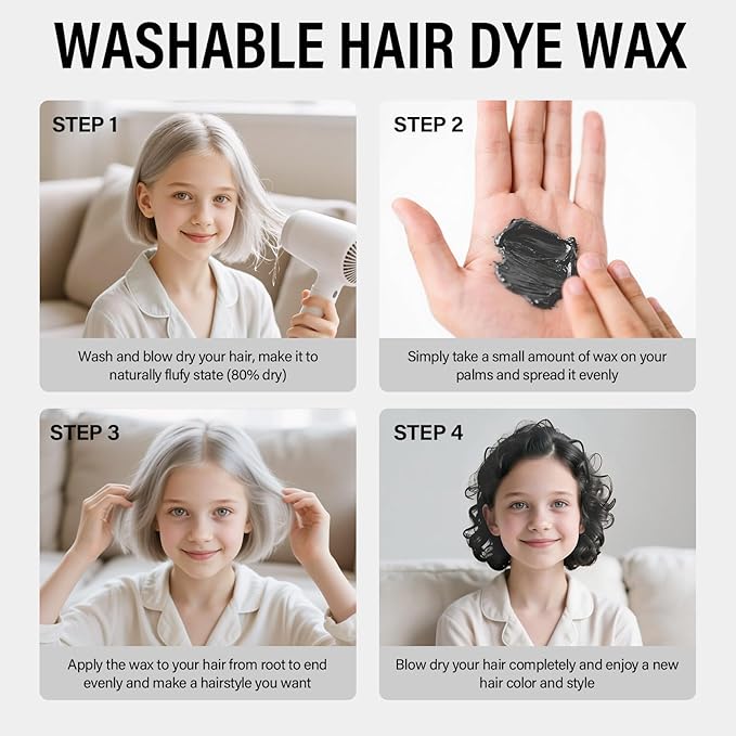 Black Hair Wax, Temporary Hair Color for Kids, Nourishing & Washable Hair Paint Wax for Women and Men 2.12 Oz.