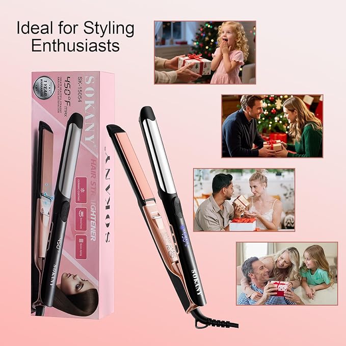 SOKANY 1 Inch Flat Iron Hair Straightener and Titanium Curler 2 in 1,Dual Voltage Smart 3D Ceramic Floating Plates Ionic Straightener,8 Temps Settings Fast Heating & Heat Protection