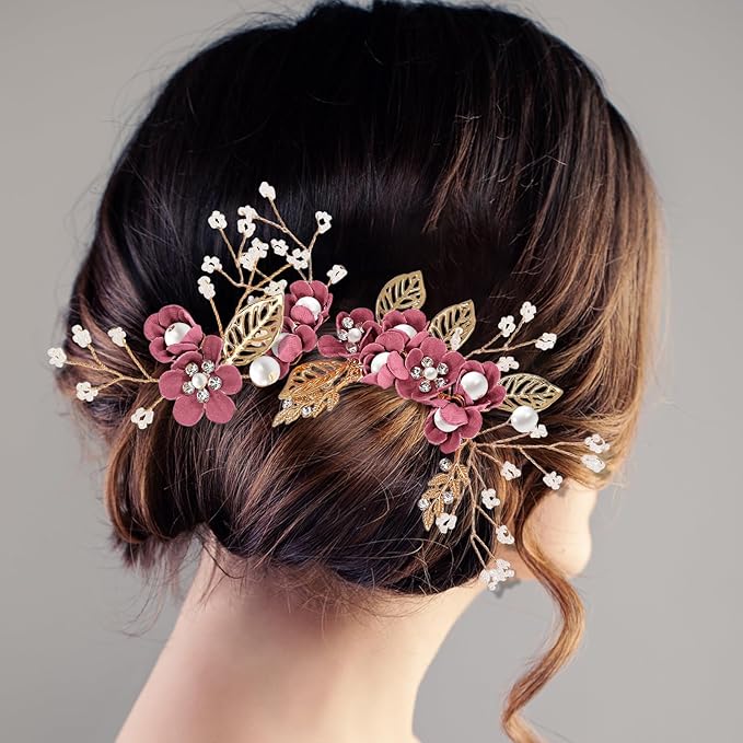 Wedding Flower Hair Accessories for Women: 4pcs Leaf and Flower Hair Combs for Women Accessories - Crystal Pearl Wedding Flower Clips Headpiece for Brides Bridesmaids Girls Updo (Rosy)