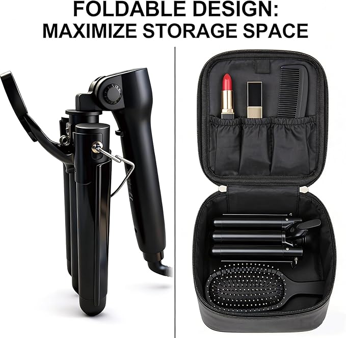 3 Barrel Curling Iron, 1 Inch Ceramic Tourmaline Hair Waver Wand with LCD Temperature Display, Fast Heating Foldable Crimpers for Travel Glove Included (Black)