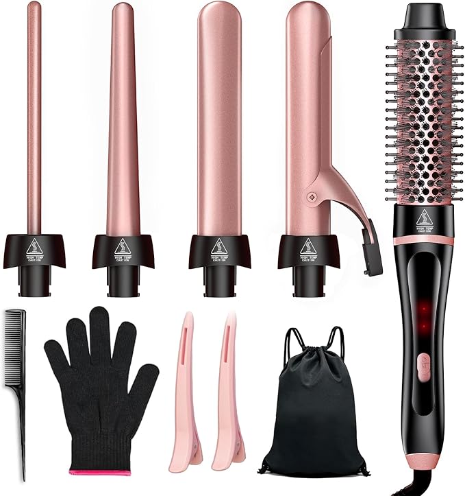5 in 1 Curling Iron, Hair Curling Wand Set Thermal Brush 4 Interchangeable Ceramic Curling Wands (0.35"-1.25”) Fast Heat Up Dual Voltage Christmas Birthday Hair Tool Gifts for Women Travel