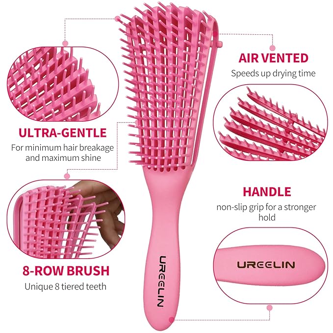 hair Brush Set for Afro America/African Hair, Textured 3a to 4c -Detangler Brush,9 row hair brush,Wide Tooth Comb,Rat Tail Comb (Pink)