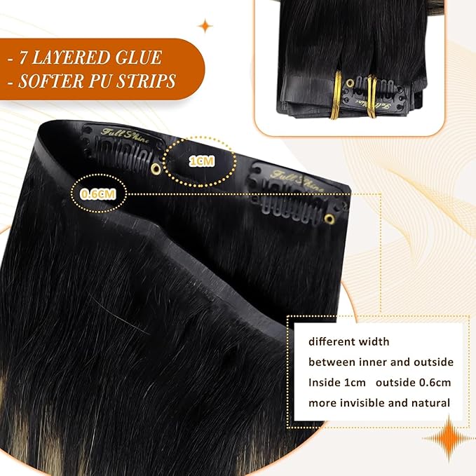 Full Shine Seamless Clip in Hair Extensions Human Hair Ombre Natural Black Mixed Caramel Blonde Invisible Clip in Hair Extensions Human Hair with PU Weft 16 Inch 120 Grams 8pcs