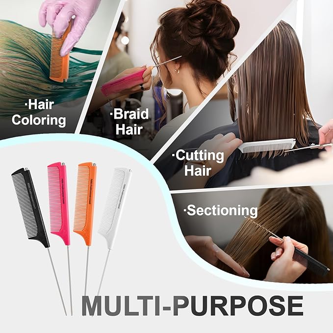 Rat Tail Combs for Parting, Protable Retractable Rat Tail Comb, Parting Combs for Hair Stylist, Fine Tooth Teasing Comb Stainless Steel Pin Tail, Easy to Carry (1 Pack-White)