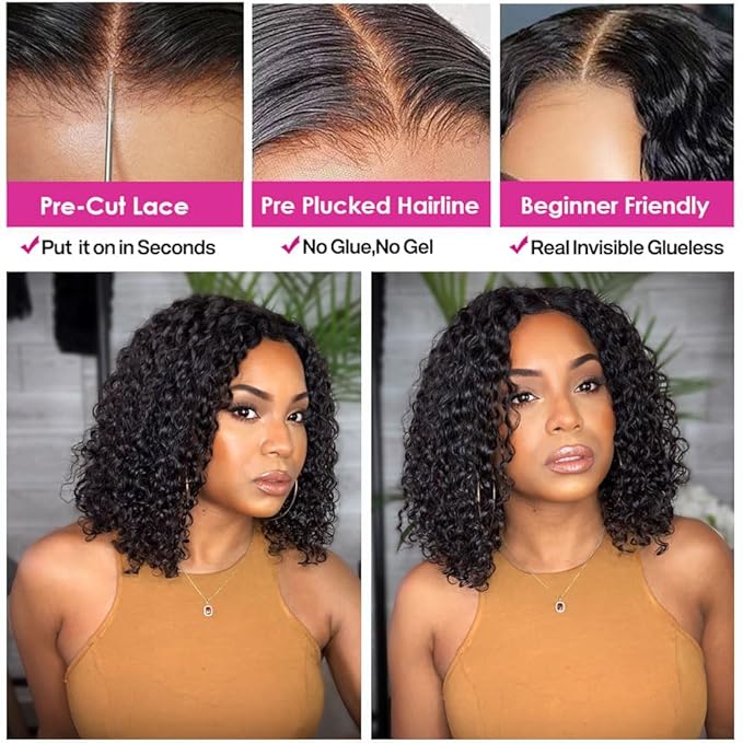 GOLFMAX Wear and Go Glueless Wigs Human Hair Pre Plucked Pre Cut Short Bob Wig Human Hair Wigs With Elastic Band For Black Women Deep Wave Curly 4x4 Closure Wig Water Wave Wigs 12 Inch