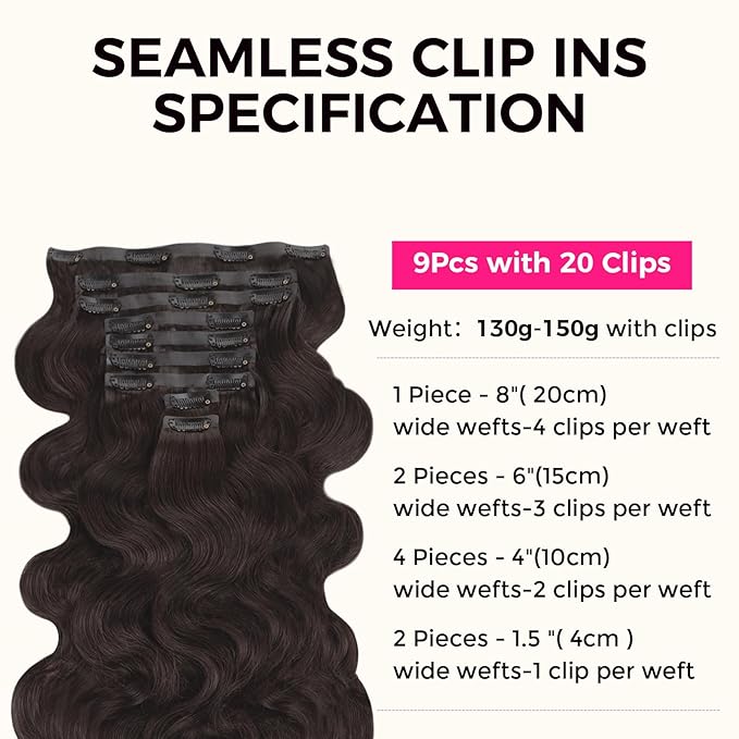 Lashey Seamless Clip in Hair Extensions Human Hair 150g 9pcs 22 Inch Body Wave #2 Dark Brown Clip in for Women PU Weft Hair Extensions