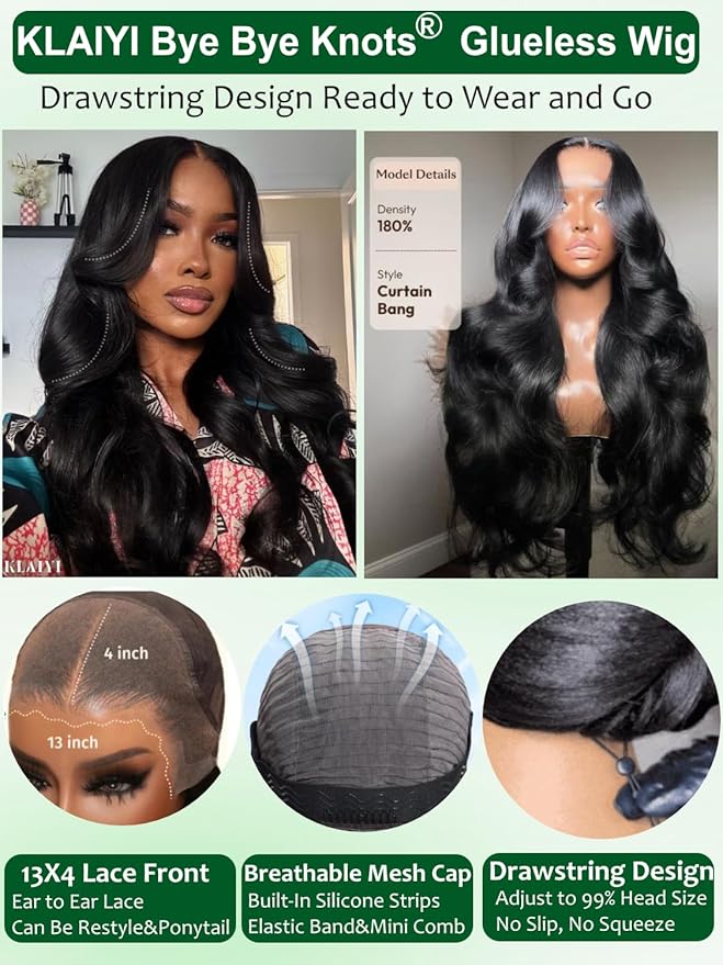 KLAIYI Loose Body Wave Pre Everything Glueless 13x4Lace Front Wig Human Hair Drawstring Precut Lace Pre Plucked Bleached Bye Bye Knots 3S Ready to Wear and Go Wig with Face Framing Curtain Bang 22Inch