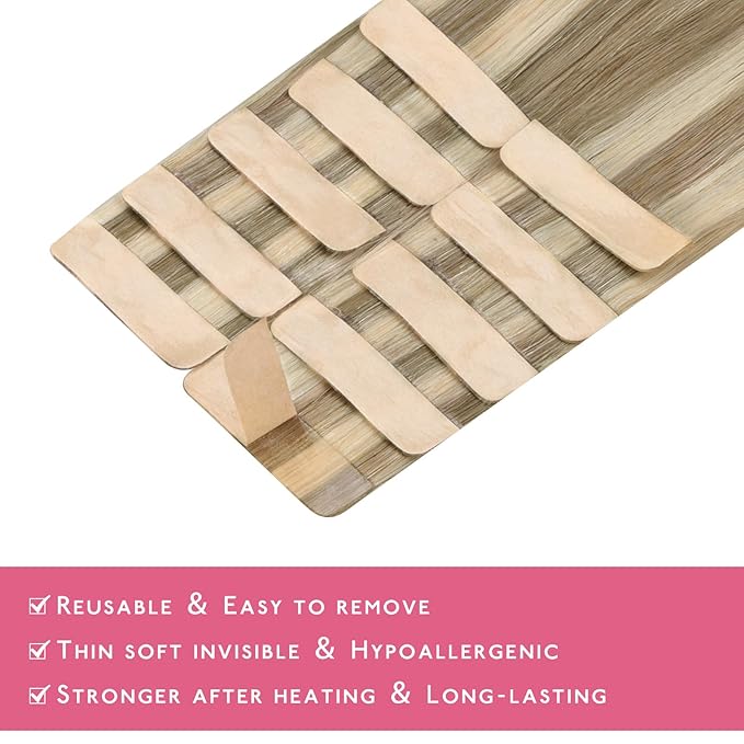 WENNALIFE Tape in Hair Extensions Human Hair Ash Brown with Platinum Blonde Highlights Tape in Extensions, 10pcs 25g 18 inch Remy Invisible Tape Ins Straight Colored Soft Refill Set