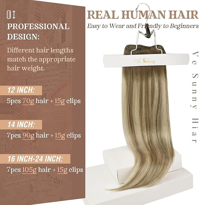 Ve Sunny Balayage Clip in Hair Extensions Real Human Hair Double Weft Remy Hair Clip in Human Hair Extensions Walnut Brown Ombre Light Brown with Blonde 18inch 120g 7pcs