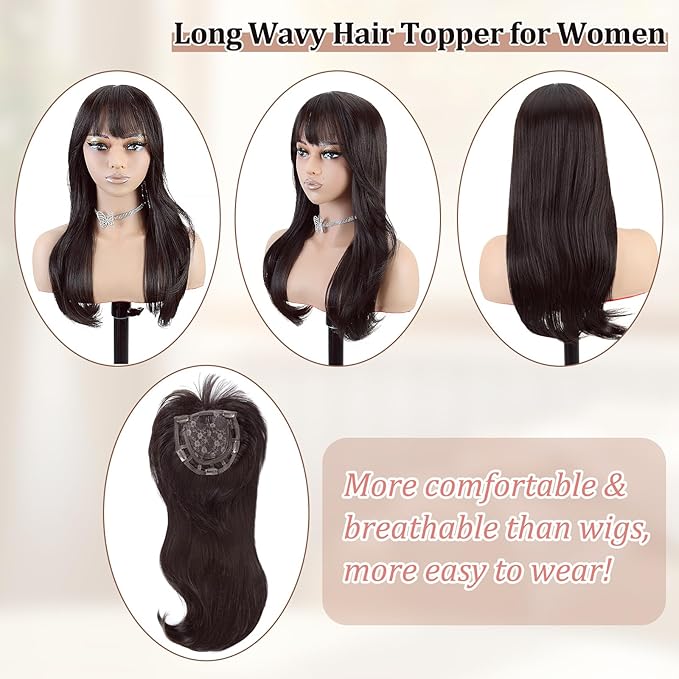 QUEENTAS 21" Curly Hair Topper for Women with Thinning Hair Daily Wear 360°3D Cover Up 6.5"*6" Fluffy Brown Body Wave Hair Pieces with Bangs(Dark Brown)