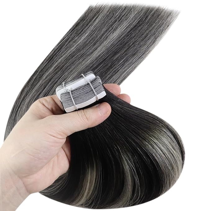 YoungSee Tape in Human Hair Extensions Ombre Black to Silver Invisible Tape ins Hair Extensions Human Hair Black to Silver Real Hair Extension Tape-in for Short Hair 12 Inch 30g 20pcs