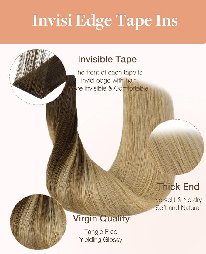 GOO GOO Invisi Edge Tape in Hair Extensions Human Hair, 4/18 Balayage Chocolate Brown Highlighted Dirty Blonde 10pcs injected with 10pcs classical tape ins, 14inch 50g, Virgin Remy Hair, Natural Look