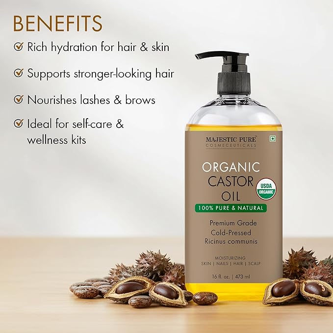 Majestic Pure Organic Castor Oil 16 Fl Oz - 100% Pure and Natural - Premium Grade Carrier Oil - Hair, Eyelashes and Eyebrows - Hair Oil and Body Oil - Expeller Pressed - Hexane Free