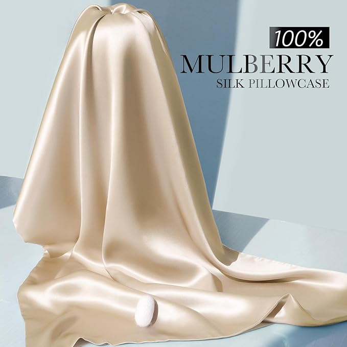 100% Mulberry Silk Pillowcase for Hair and Skin, 22 Momme Natural Silk Pillow Case with Zipper, Both Sided Pure Silk Pillow Cover for Women Mom Men (Beige, Queen 20''×30'')