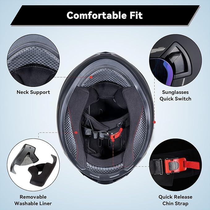 Full Face Motorcycle Helmets for Adult Men Women, DOT Approved Street Bike Racing Helmet Dual Visor Quick Release Buckle, Motorbike ADV Moped Helmet with Extra Clear Visor