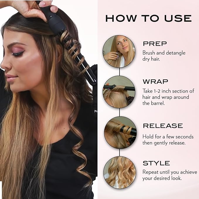 NuMe Classic Ceramic Curling Wand - Tourmaline 1.25 Inch Barrel Hair Curler, Negative Ion Conditioning, Far Infrared Heat - All Hair Types - Black