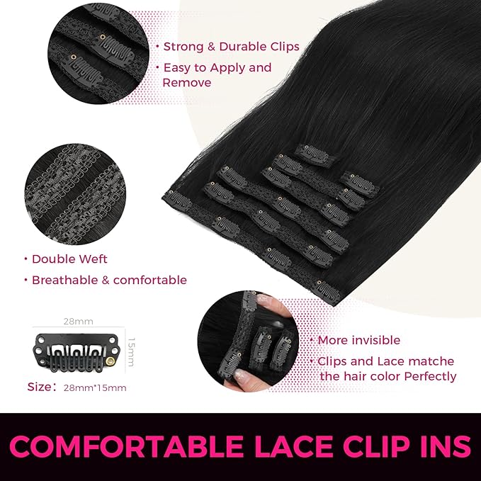 Lashey Clip in Hair Extensions Real Human Hair, 12 Inch 7pcs 120g #1 Jet Black, Straight Remy Human Hair Extensions Clip ins Thick Hair for Black Women