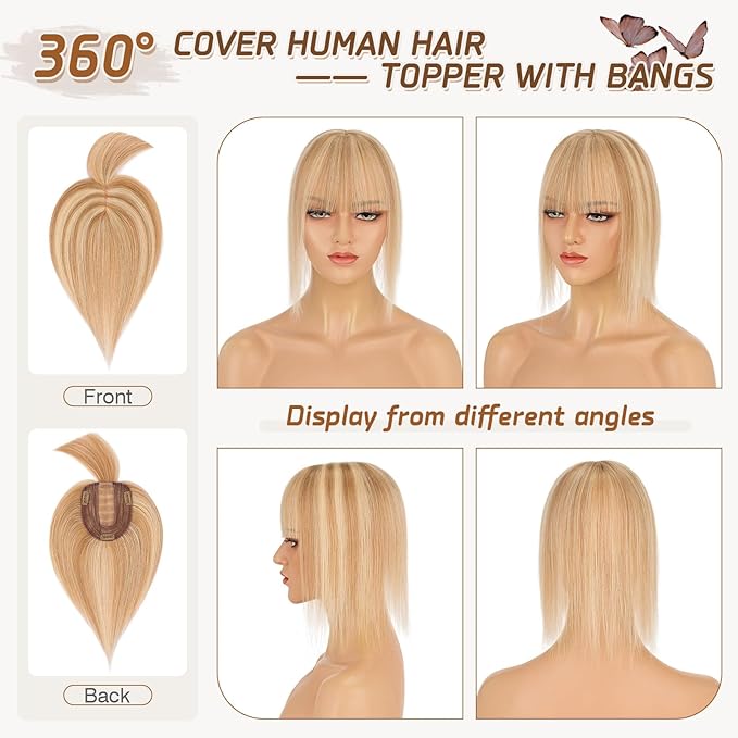 Rich Choices Real Human Hair Toppers for Women With Bang 100% Remy Human Hair Topper for Thinning Hair Clip in Silk Base Hair Topper 16 Inch #12P613 Golden Brown Mix Bleach Blonde