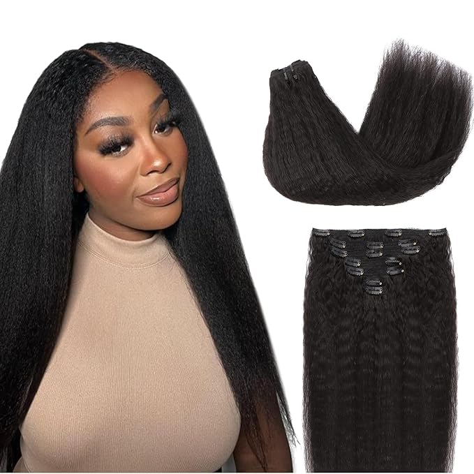 Lashey Clip in Hair Extensions, Kinky Straight 16 Inch 7pcs 120g #1B Natural Black Remy Human Hair Extensions Natural Thick Clip in Hair Extensions for Black Women