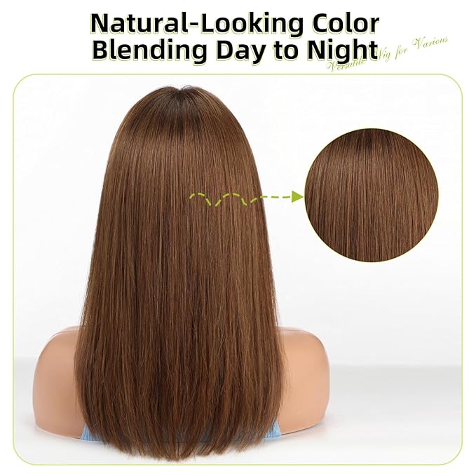 RSY 100% Human Hair Wigs for Women, Ombre Brown Shoulder Length Straight Layered Wig with Bangs, Natural Real Hair for Daily and Party Wear