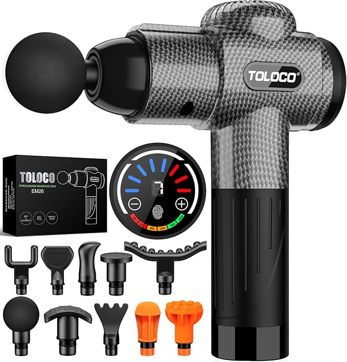 TOLOCO Massage Gun, Deep Tissue Back Massage for Athletes for Pain Relief, Percussion Massager with 10 Massages Heads & Silent Brushless Motor, Christmas Gifts for Women, Men, Carbon
