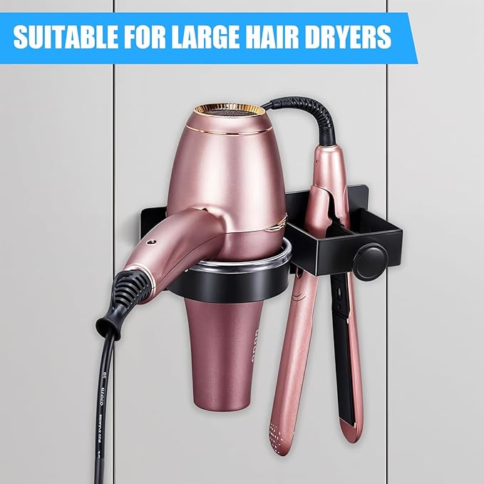 Hair Straightener Holder Wall, Thickened Blow Dryer Holder Wall Mounted Stainless Steel Hairdryer Holder for Bathroom, Hair Tools Organizer & Storage Curling Iron Holder (Black)