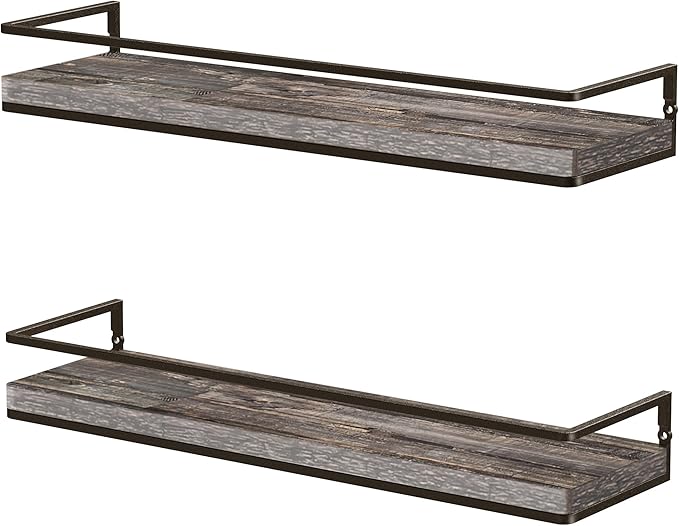 Meangood Floating Shelves Wall Mounted Set of 2, Rustic Wood Wall Storage Shelves for Bedroom,Living Room,Bathroom, Kitchen Pine