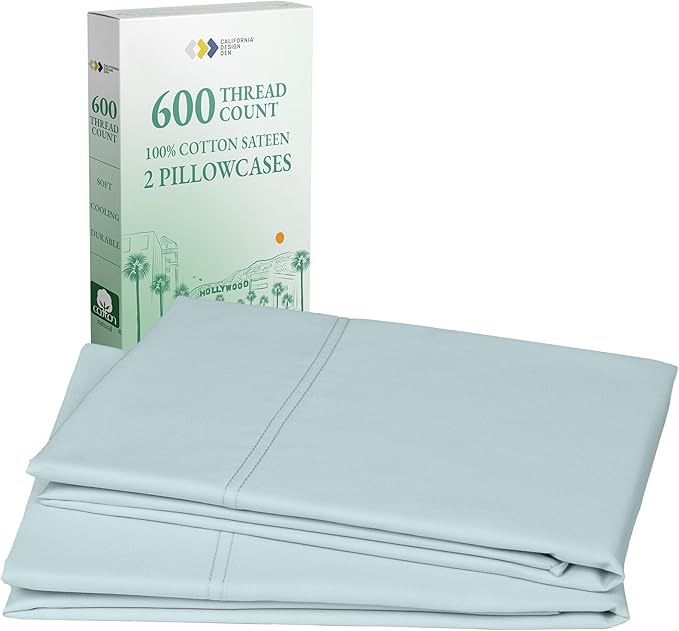 CALIFORNIA DESIGN DEN Luxuriously Soft Hotel Quality 600 Thread Count, 100% Cotton Set of 2 Cases, Crisp & Cool Standard Pillows Cases Set of 2 Fits Standard & Queen Pillows (Seafoam)