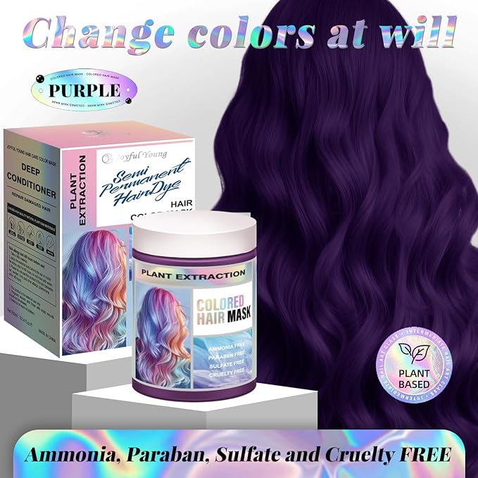 Vegan Semi Permanent Hair Color Mask - 10.15OZ Color Depositing Conditioner for Color-Treated Hair - Ammonia, Paraben, Sulfate & Cruelty-Free - Plant-Based Enhances Tones Hair (PURPLE)