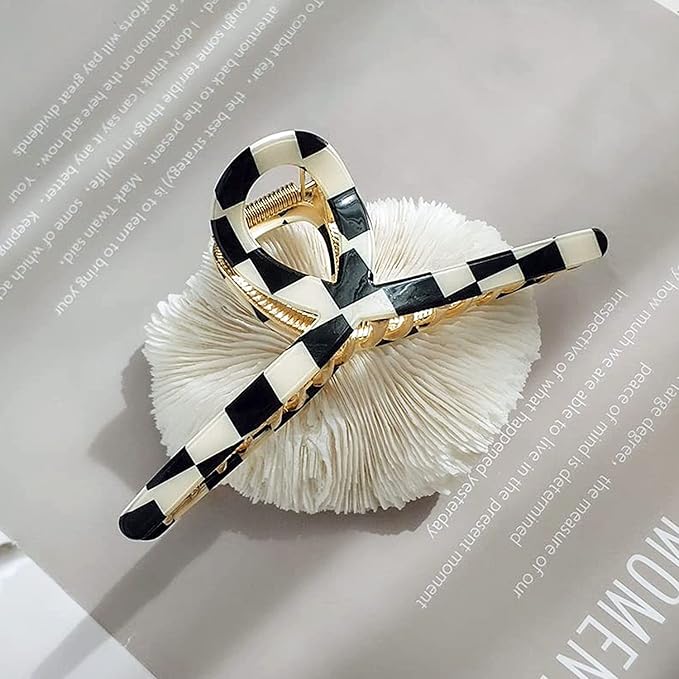 Big Butterfly Metal Hair Claw Clips for Women - Checkerboard Clamps with Strong Hold, 4.7" Large Hair Accessories for Long Thick Hair (Black&White)
