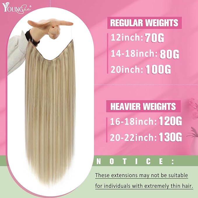 YoungSee Invisible Wire Hair Extensions Blonde Highlight Wire Hair Extensions Real Human Hair Golden Blonde Highlights Light Blond Human Hair Fish Line Extensions for Women 14In 80G