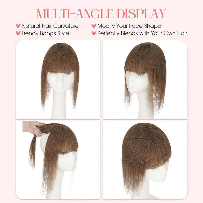 Hairro Mono Hair Toppers with Bangs, 3.4" x 3.4" Mono Base 100% Real Human Hairpieces for Women, 150% Density Clips In Topper for Greyish Thinning Hair, 12 Inch Medium Brown