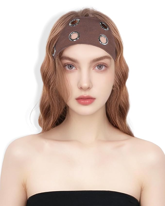 Grommet Headband for Women, Plus Brown 23cm Hollow Out Elastic Hair Band, Eyelets Punk Grunge Stylish Hairband