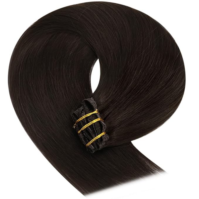 YoungSee Clip in Human Hair Extensions Brown Clip in Extensions Real Human Hair Darkest Brown Human Hair Clip ins Extensions Ease to Use 22Inch 7Pcs 120G