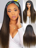 Julia Hair 12A Headband Wig Human Hair Yaki Straight Glueless None Lace Half Wig With Pre-attached Scarf Ombre Chestnut Brown Highlight With Dark Roots for Black Women Put on and Go 20 Inch