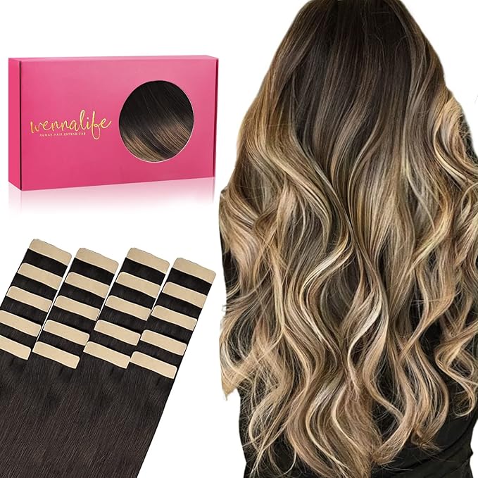 WENNALIFE Tape in Hair Extensions Human Hair, 20pcs 22inch 50g Dark Brown to Chestnut Brown and Dirty Blonde Remy Tape Hair Extensions