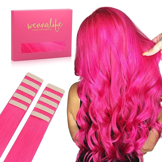 WENNALIFE Tape in Hair Extensions Human Hair Hot Pink Tape in Extensions, 10pcs 25g 16 inch Remy Invisible Tape Ins Straight Colored Soft Real Human Hair Tape in Extensions Refill Set Extensions