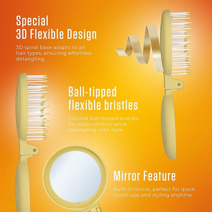 Mini Detangler Travel Hair Brush with Mirror, Makaron Brushes for Women, Men and Kids, Unique 3D Flexible Design for All Hair Types, Styling Accessory, Travel Essentials for Women. (FALL GREEN)