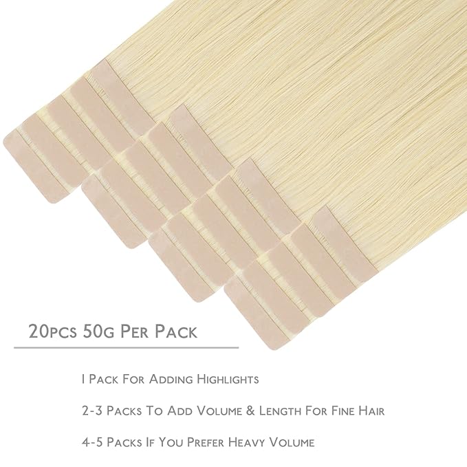 WENNALIFE Tape in Hair Extensions Human Hair, 20pcs 50g 22 inch Bleach Blonde Remy Hair Extensions Straight Human Hair Tape in Extensions Skin Weft Tape Extensions Human Hair