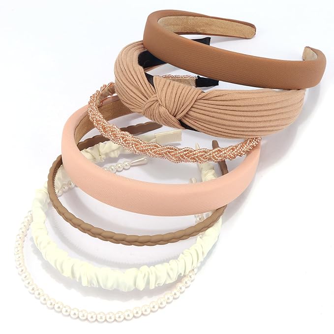 VELSCRUN 7 Pcs Different Headbands for Women Fashion Brown Knotted Solid Head Bands Pearl Headband Non Slip Hair Band for Womens Thin Thick Short Hair Face Wash Hair Accessories Gifts for Women Gilrs
