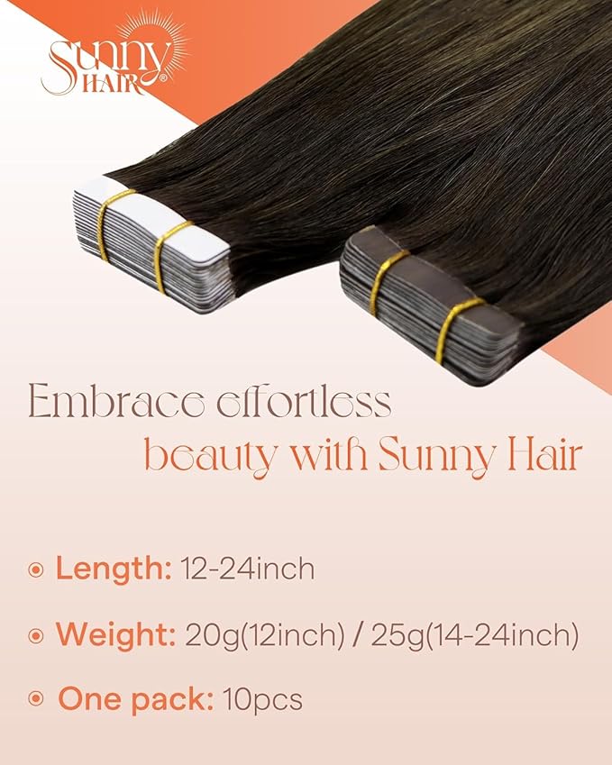 Sunny Hair Tape in Hair Extensions Real Human Hair Invisible Remy Hair Extensions Tape ins for Women Darkest Brown Ombre Medium Brown Balayage 24 inch 25G