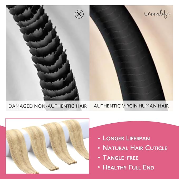 WENNALIFE Tape in Hair Extensions Human Hair Light Blonde Highlighted Golden Blonde Tape in Extensions, 10pcs 25g 16 inch Remy Invisible Tape Ins Straight Soft Real Human Hair Tape in Extensions