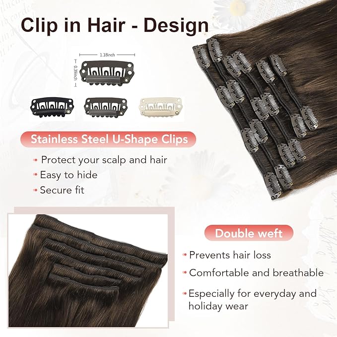 XDhair Clip in Hair Extensions Real Human Hair, 120G 6 Pcs Human Hair Clip in Extensions,Dark Brown Hair Extension Silky Straight #2 18 Inch