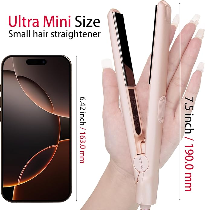 ANGENIL Ultra Mini Hair Straightener Flat Iron for Short Hair, 0.7 Inch Ceramic Dual Voltage Hair Straightener, Small Flat Iron Edges with Silicone Heat Resistant, Fast Heating (280℉- 320℉ -380℉)