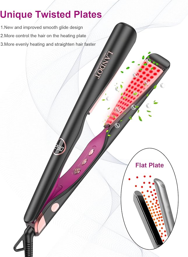 LANDOT 2-in-1 Hair Straightener & Curling Iron - Create Salon Waves, Curls & Straight Styles at Home | Floating Plates, Anti-Frizz & Tangle-Free | Dual Voltage, Temp 250-450°F for All Hair Types