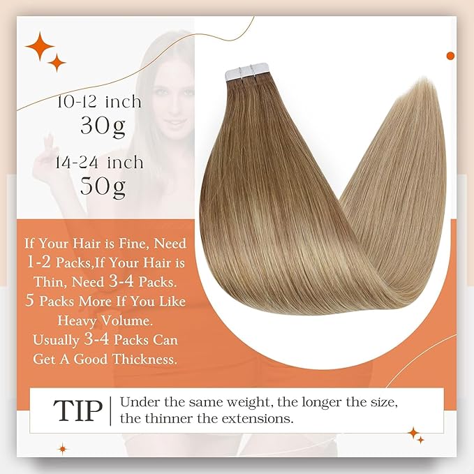Full Shine Tape ins Invisible Tape in Hair Extensions Human Hair 18Inch Remy Glue in Hair Extensions Ombre Balayage Color 10/14 Golden Brown to Dark Blonde Seamless Skin Weft Hair Extension 20Pcs 50G