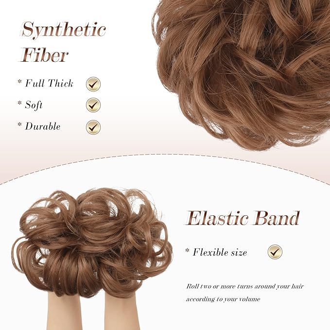 FESHFEN Messy Bun Hair Piece - Elastic Wavy Curly Hair Bun Scrunchies Extensions Synthetic Chignon Hairpieces for Women Girls, Light Auburn 1.5 oz