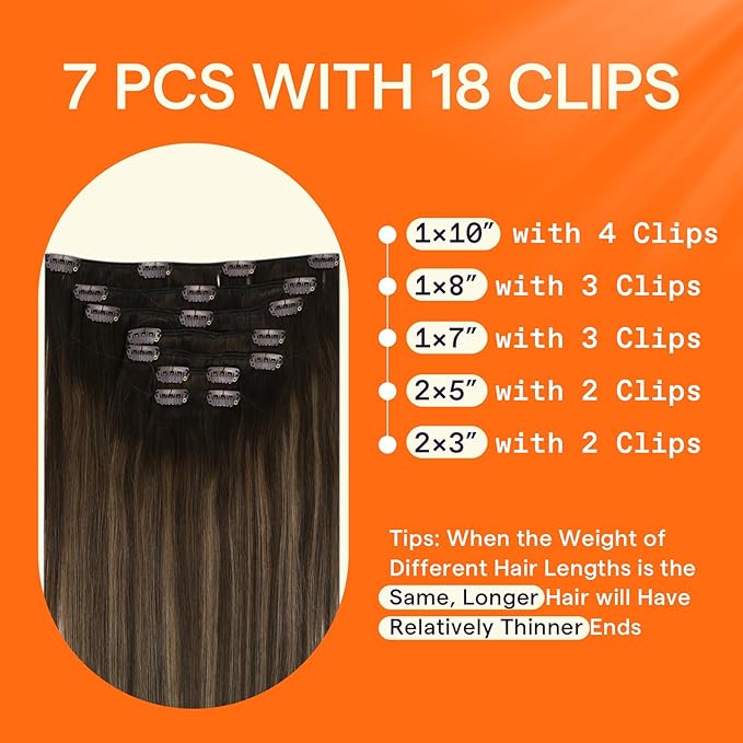 Full Shine Clip in Hair Extensions Human Hair Balayage Clip in Extensions Dark Brown to Chestnut Brown Double Weft Human Hair Extensions for Women 14 Inch 7 Pcs 120 G